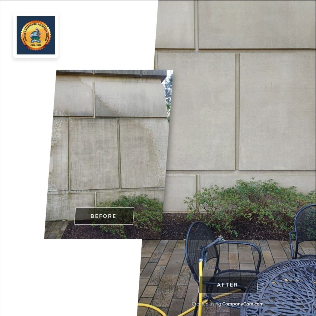 Before and after of a stained limestone wall, algae removed to reveal clean stone