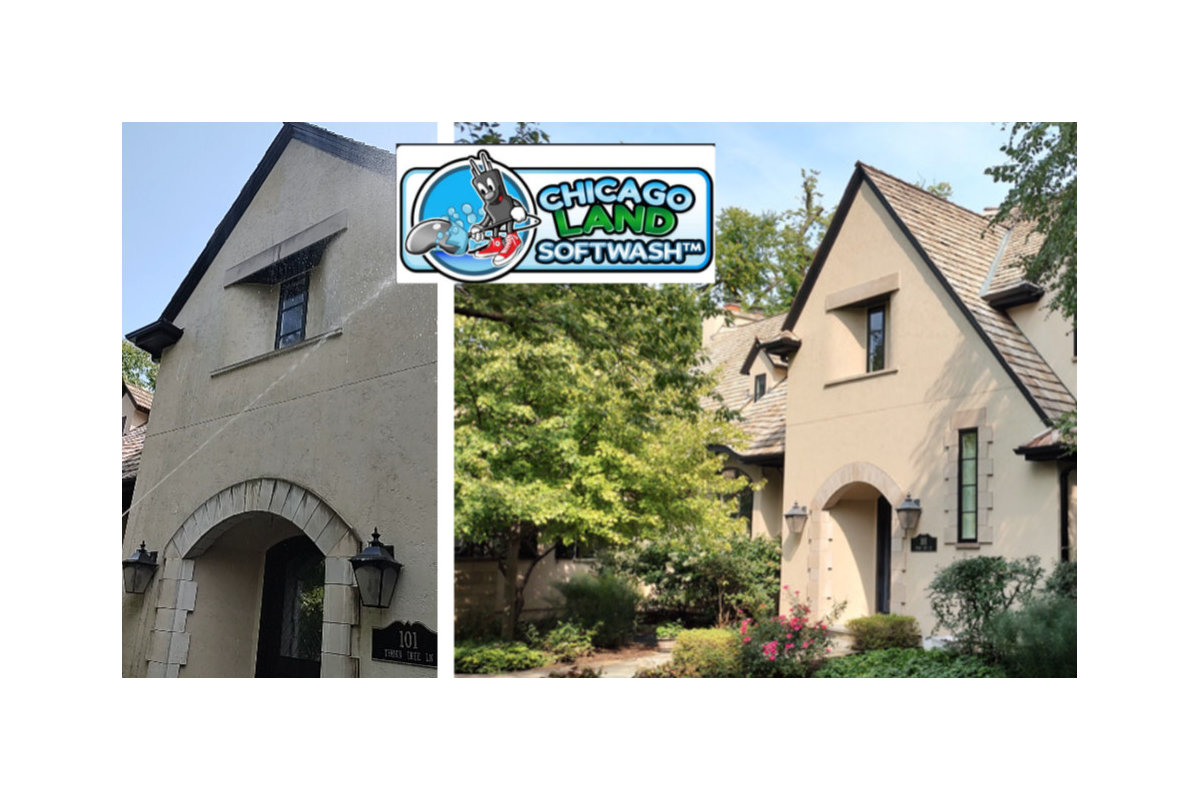 Before and after of a Tudor home's cedar-shake roof and stucco, streaks lifted off both