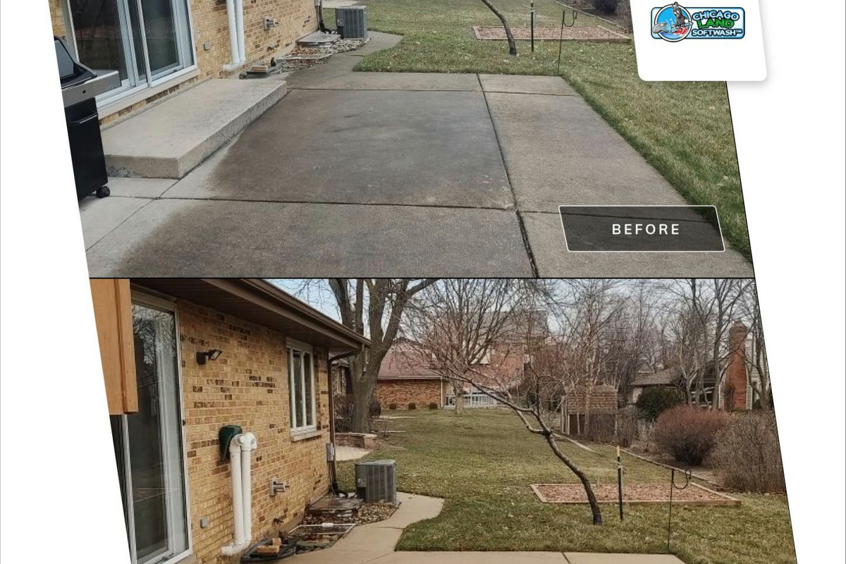 Before and after of a gray concrete patio behind a brick ranch home, washed back to light tan