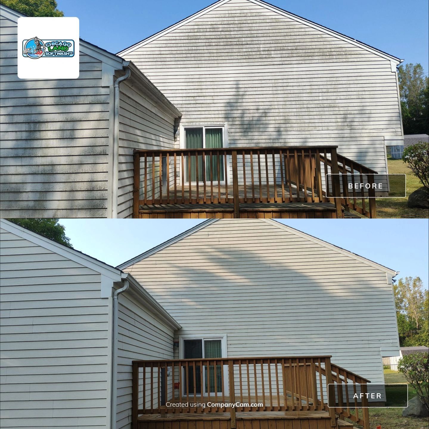 Before and after of a two-story home's algae-streaked siding and deck, washed back to clean tan