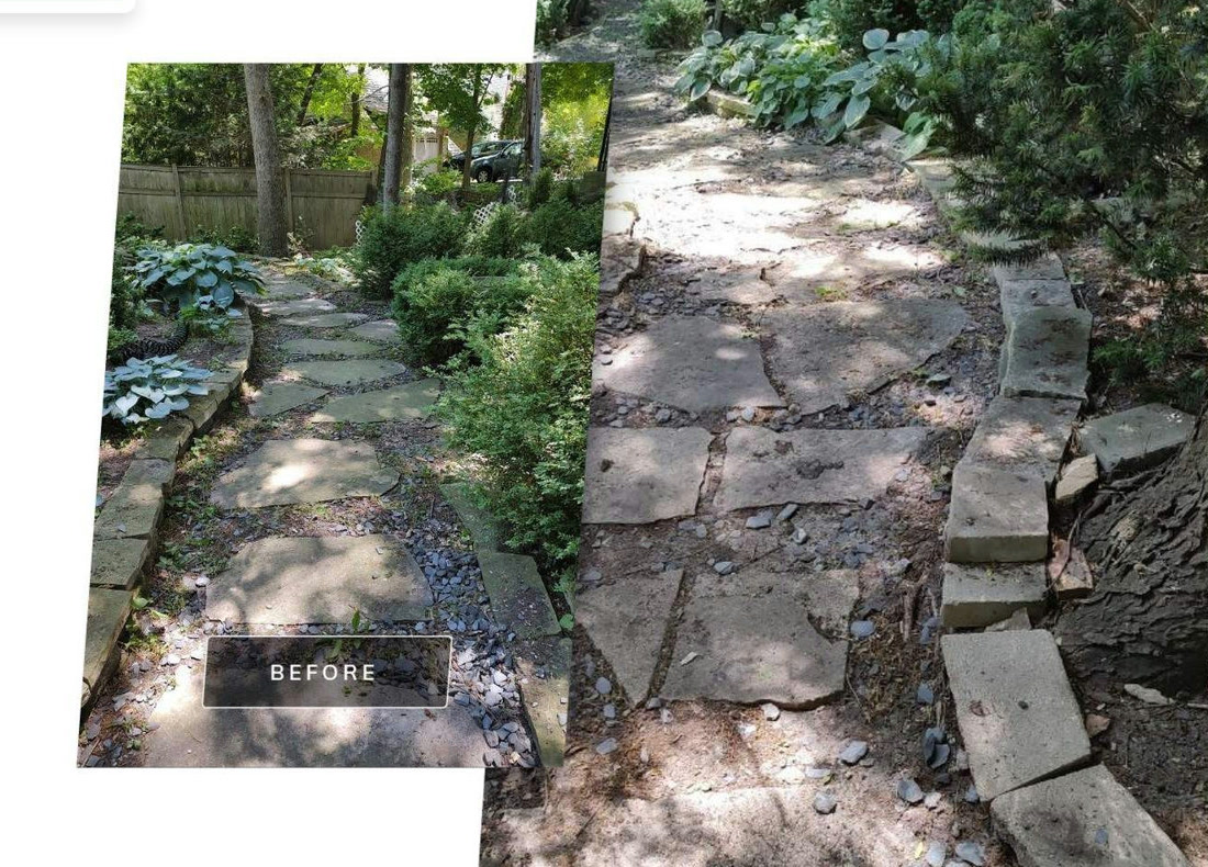 Before and after of a shaded flagstone walkway, moss and grime cleared from between the stones