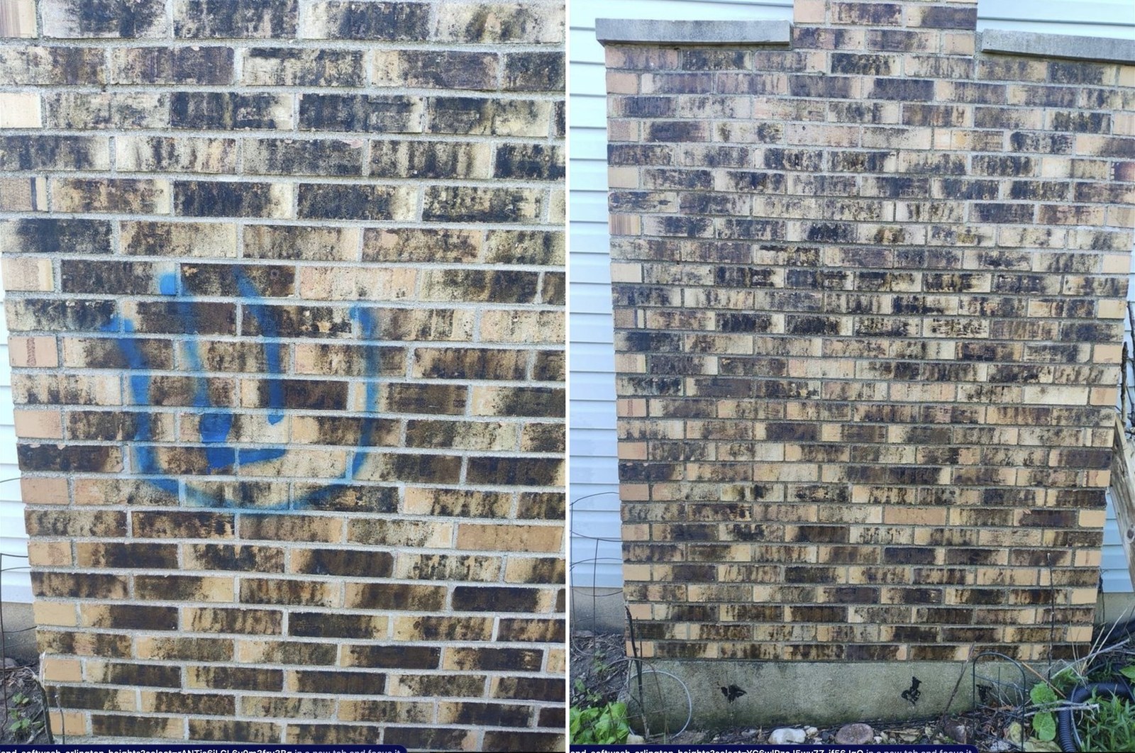 Before and after: a blue spray paint tag fully removed from a brick wall, the brick untouched