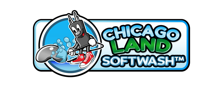 ChicagoLand SoftWash logo: a cartoon mascot riding a surface cleaner