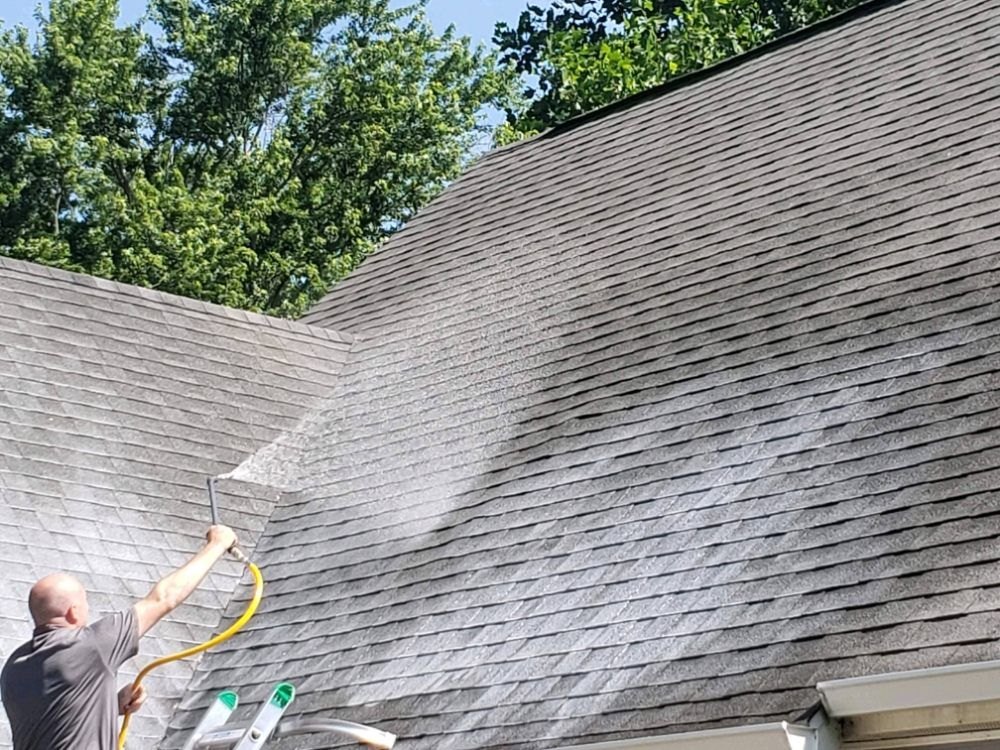 A crew member soft washing an asphalt shingle roof, the washed half already clear of black streaks