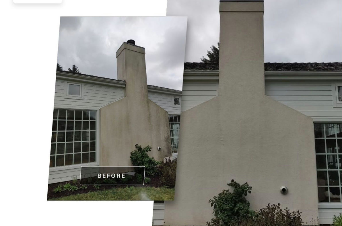 Before and after of a stucco chimney and wall, gray algae staining washed off to clean off-white